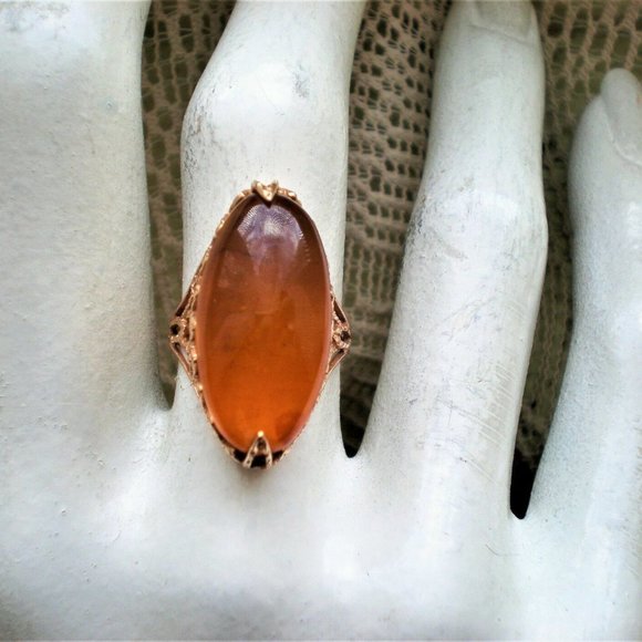 Russian USSR Original 14K 583 Rose Pink Gold Baltic Honey Amber Cocktail Ring - Picture 5 of 10